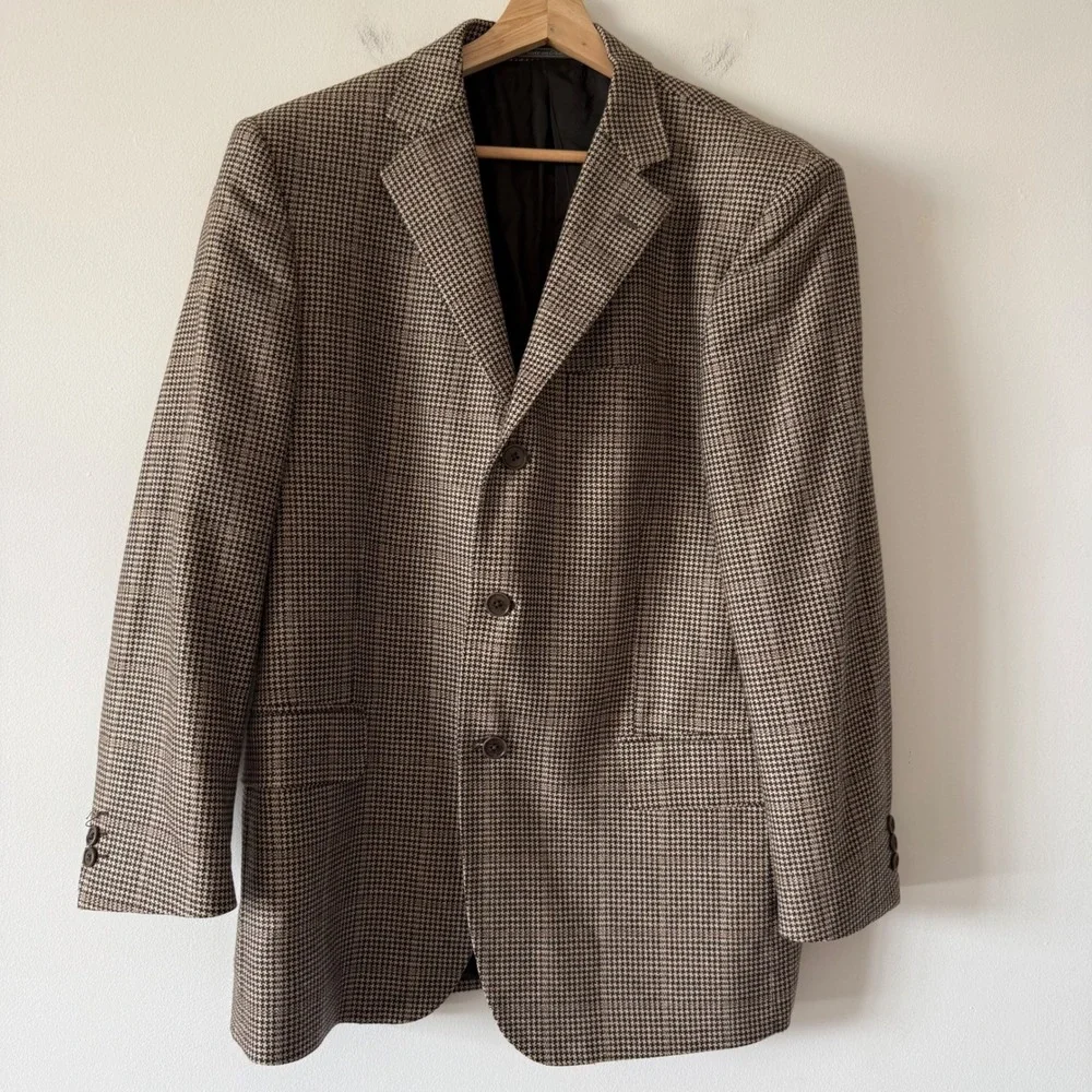 Salvatore‎ Ferragamo Mens Houndstooth Blazer Brown Tan Made in Italy Sport Coat